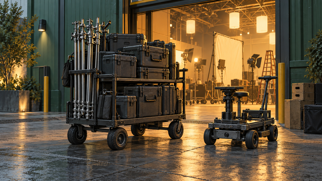 Illustrated film equipment cases, grip stands and a dolly outside a warmly lit soundstage.