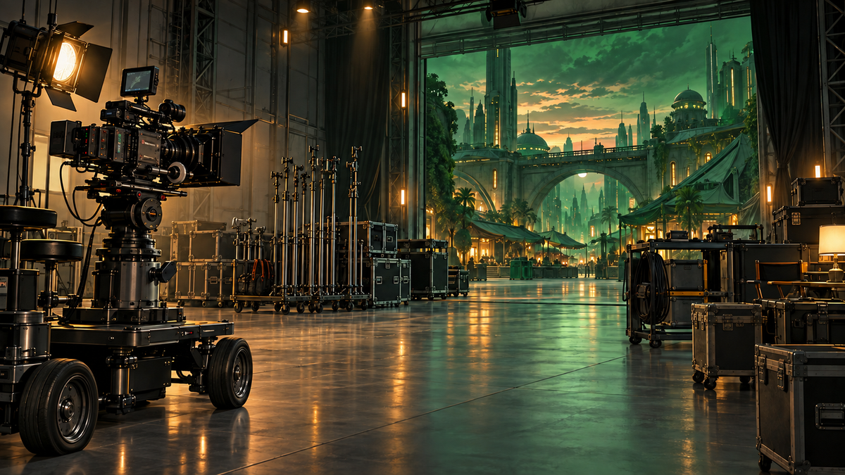 Fictional soundstage illustration with cinema camera, grip equipment and a futuristic market district.