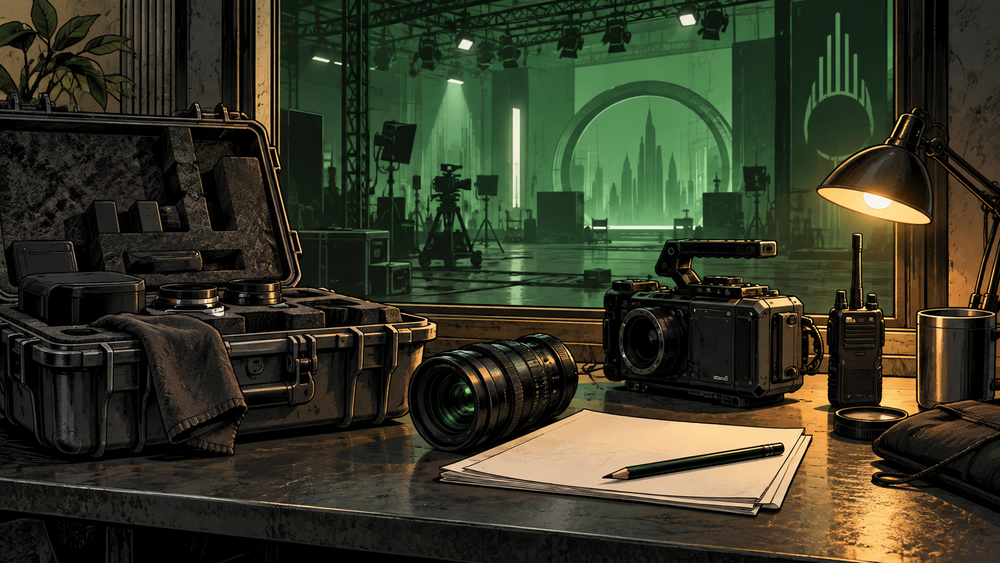 Illustrated film-planning desk with camera, lenses and an open equipment case overlooking a green-lit soundstage.